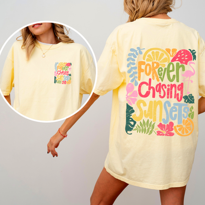 Forever Chasing Sunsets, Colorful, Flamingo, Beach, Summer, Comfort Colors T-Shirt