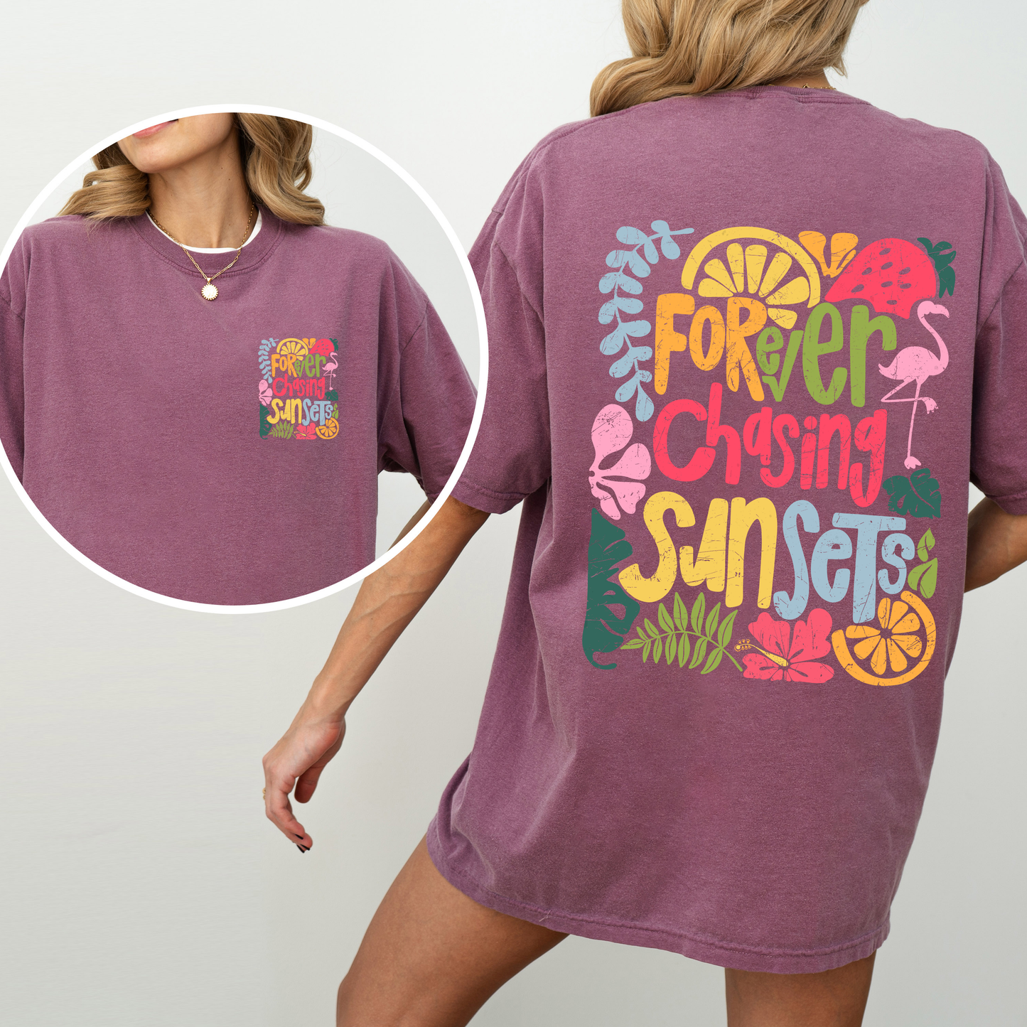 Forever Chasing Sunsets, Colorful, Flamingo, Beach, Summer, Comfort Colors T-Shirt