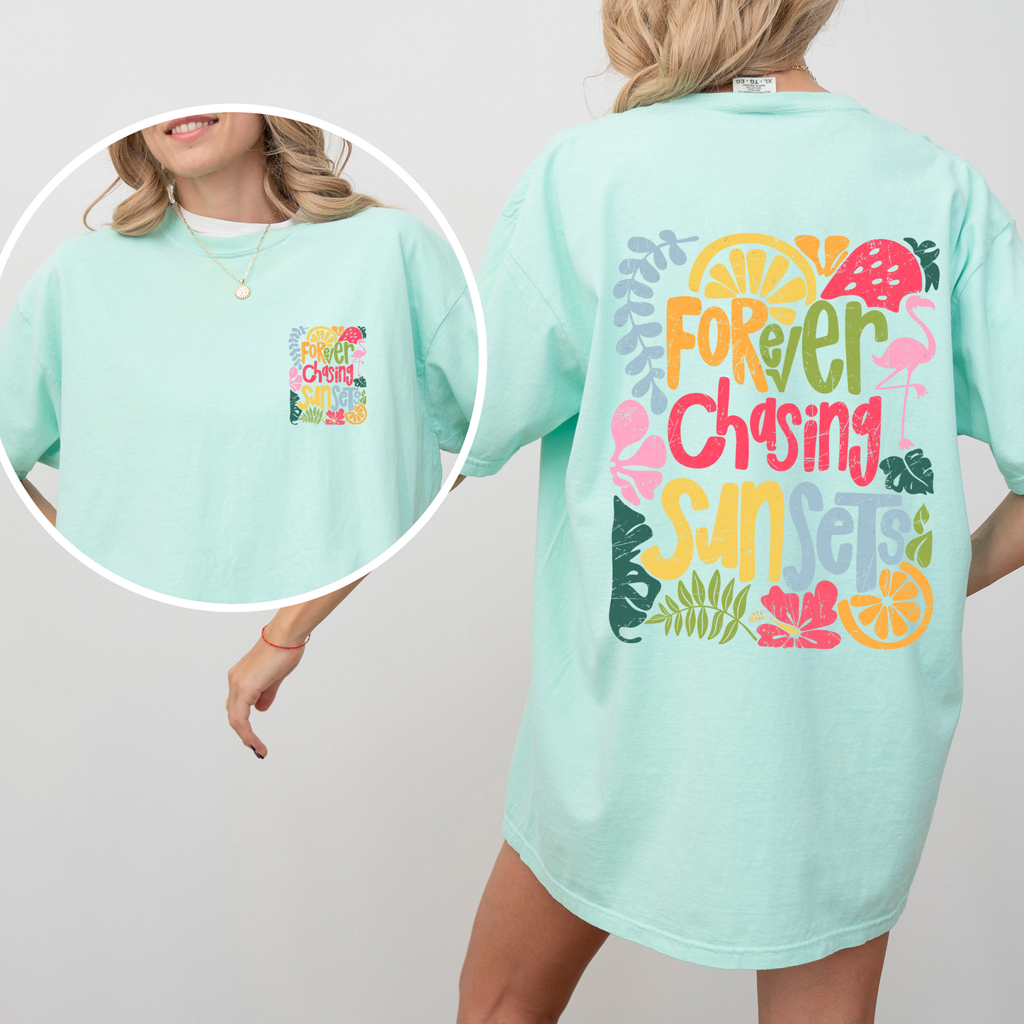 Forever Chasing Sunsets, Colorful, Flamingo, Beach, Summer, Comfort Colors T-Shirt