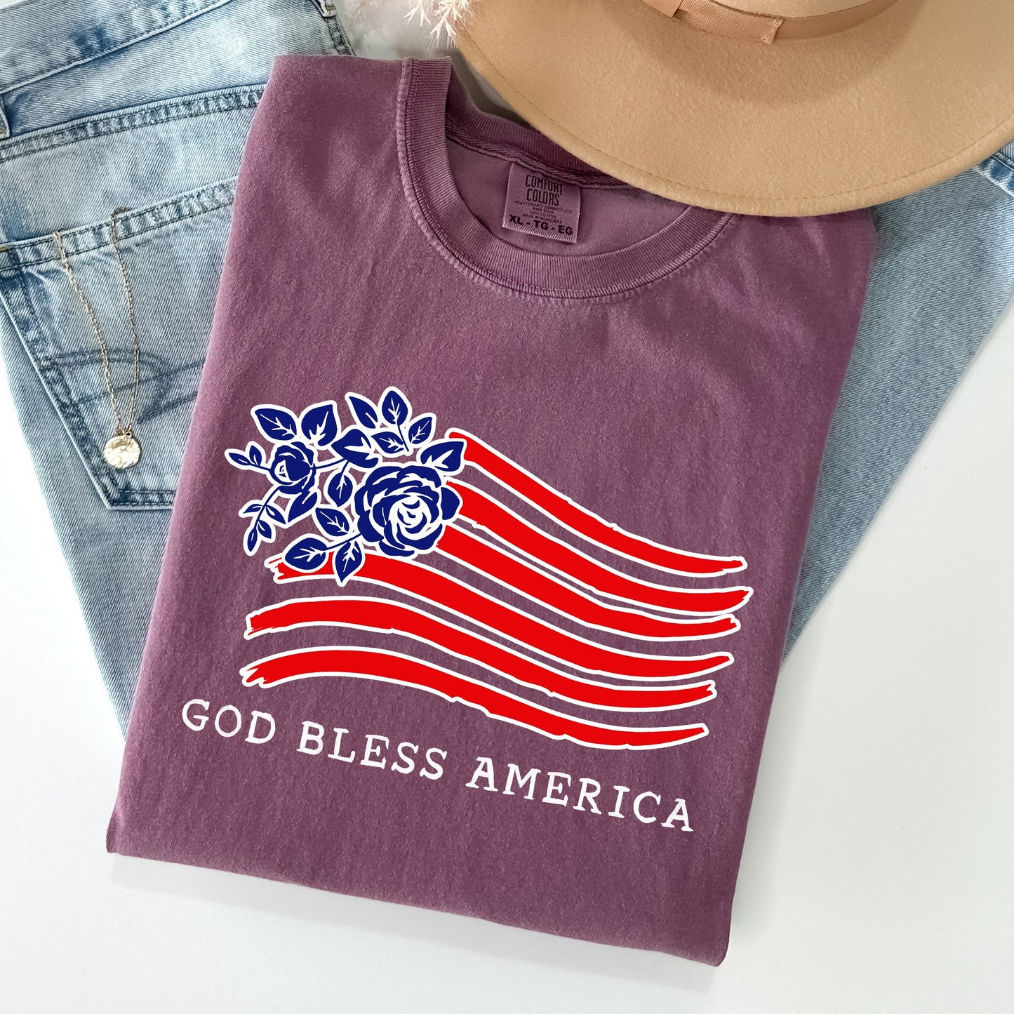 God Bless America, Flower Flag, Patriotic Tshirt Comfort Colors T-Shirt