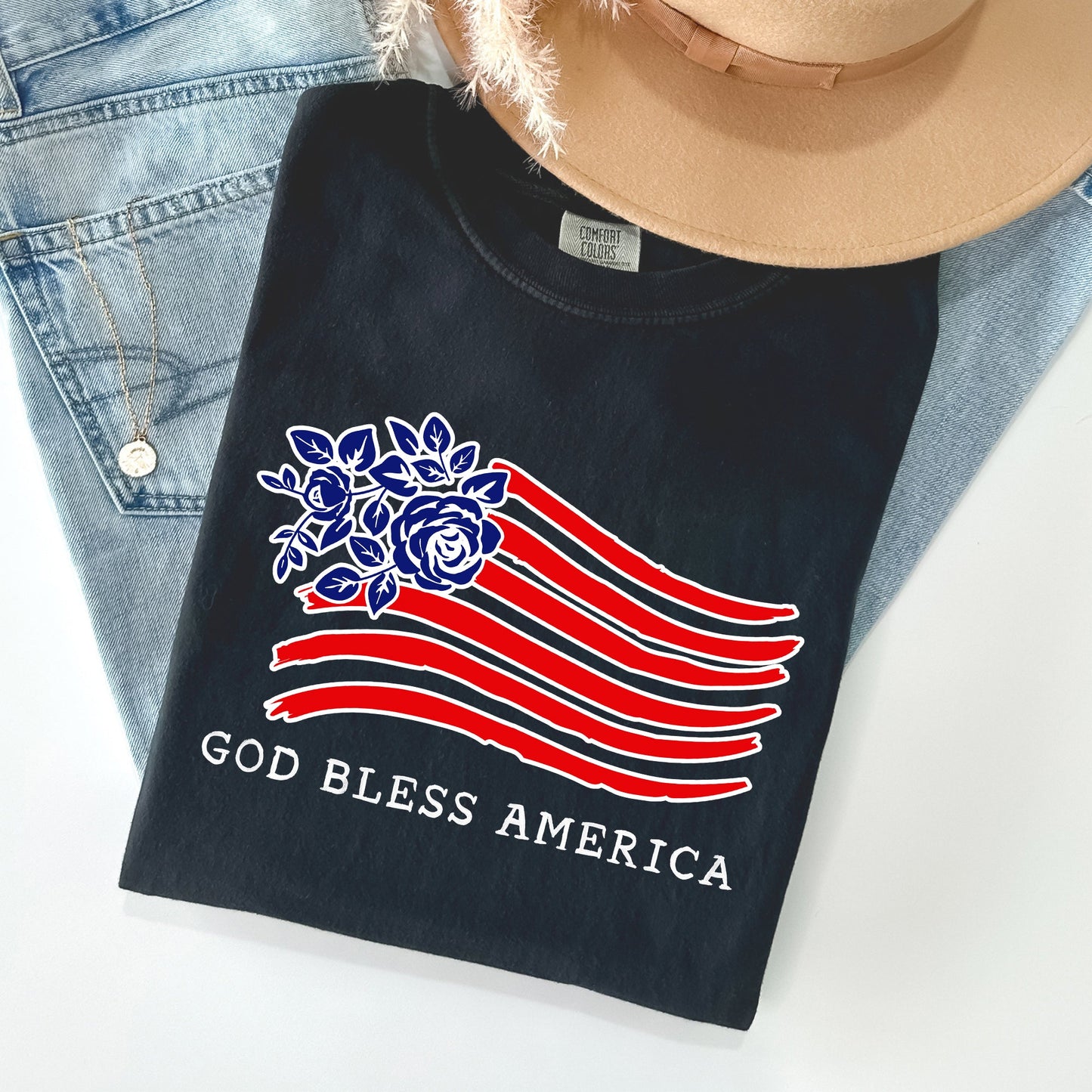 God Bless America, Flower Flag, Patriotic Tshirt Comfort Colors T-Shirt