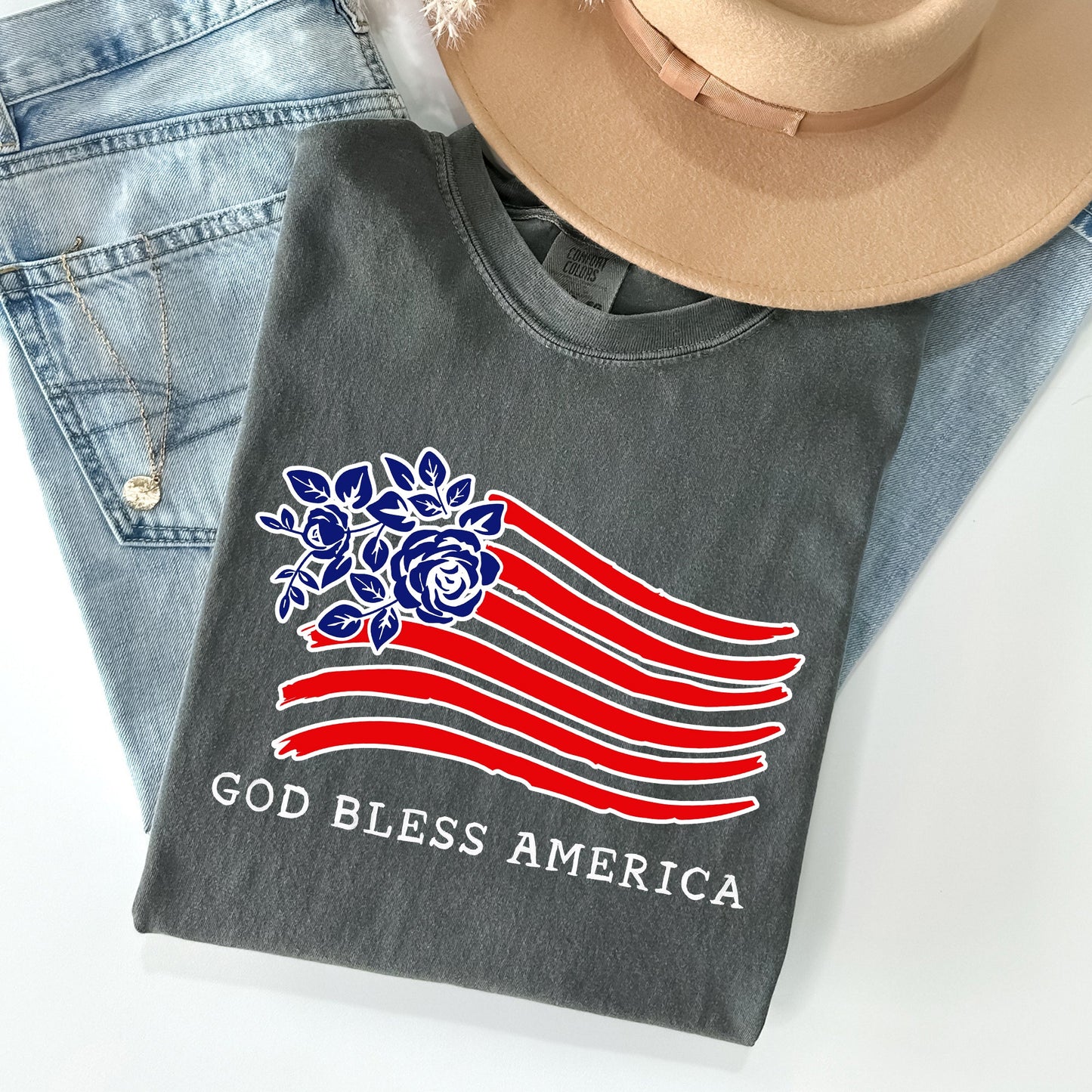 God Bless America, Flower Flag, Patriotic Tshirt Comfort Colors T-Shirt