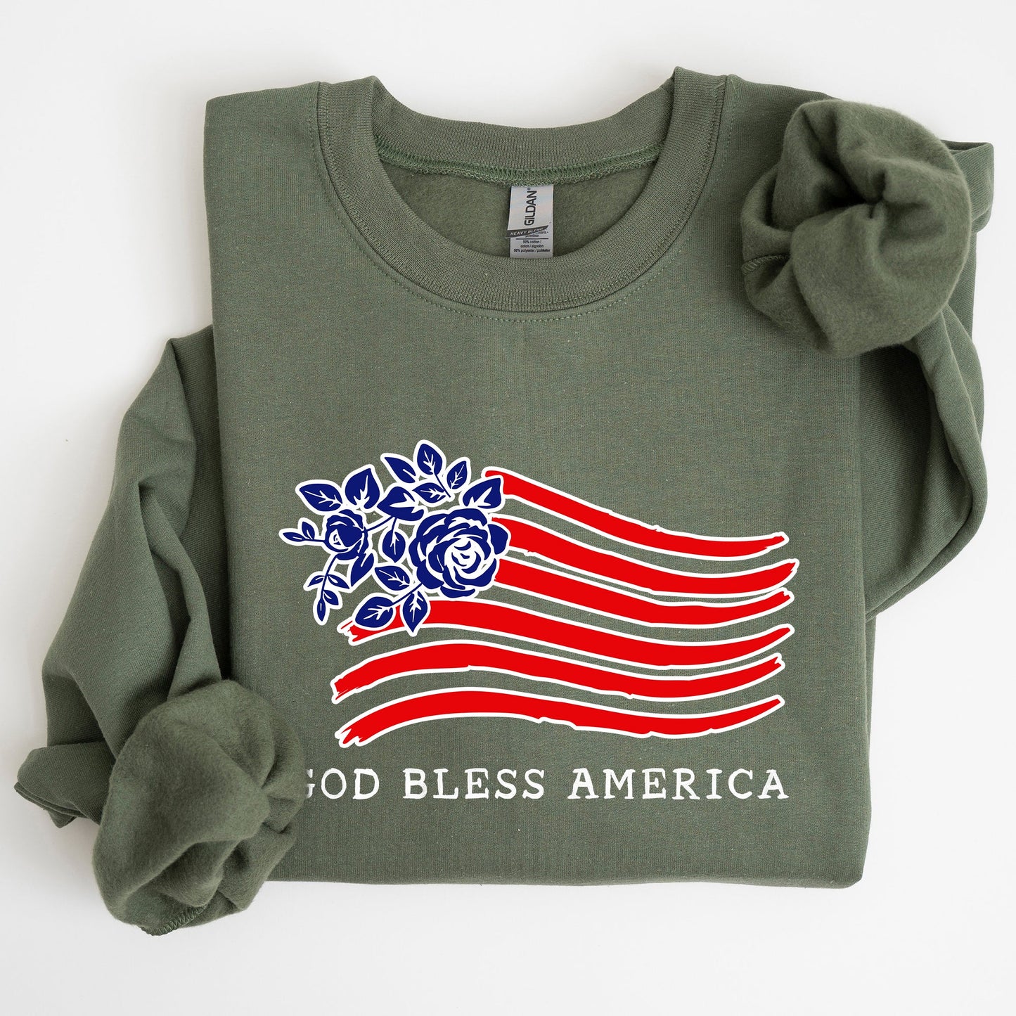 God Bless America, Flower Flag, 4th of July Sweatshirt