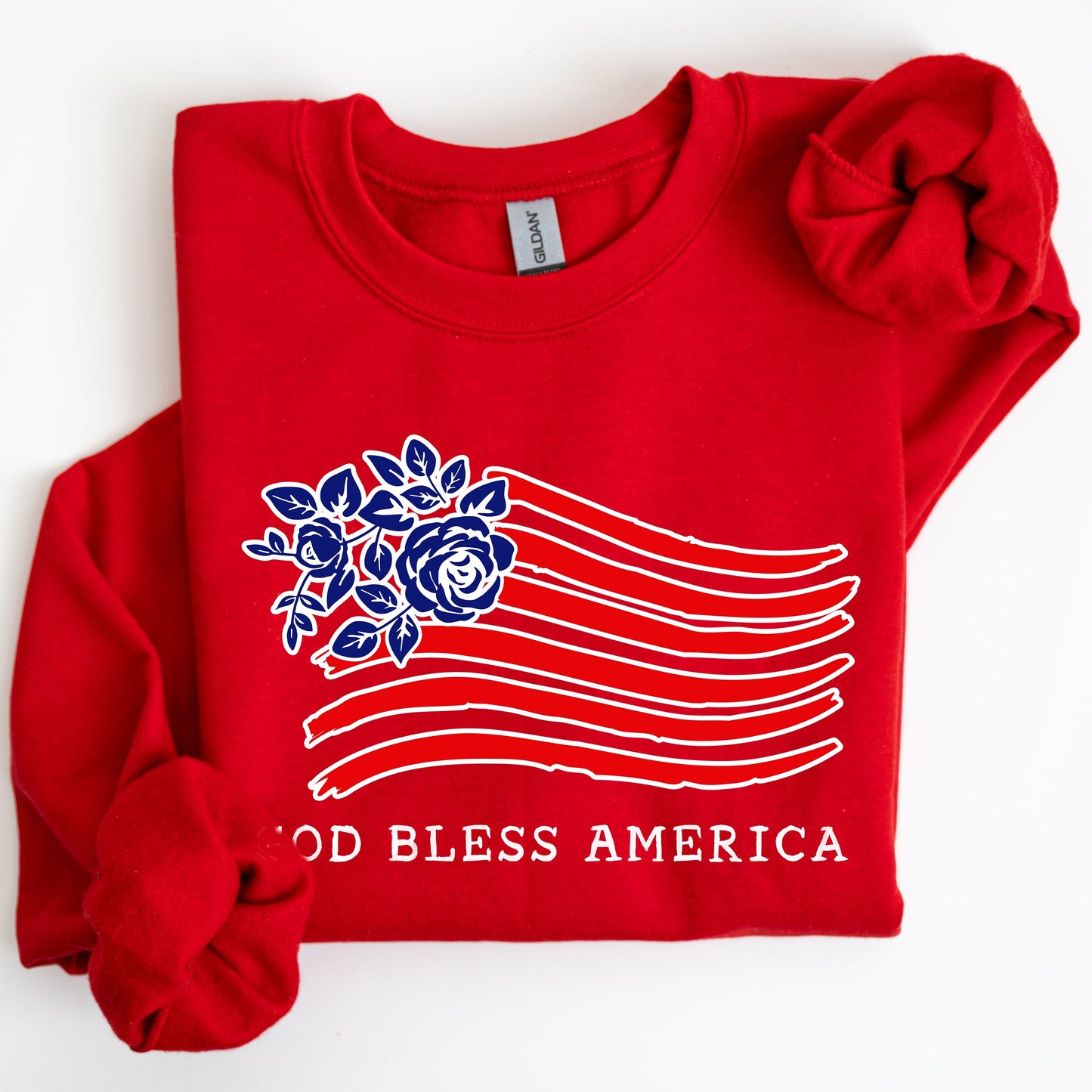 God Bless America, Flower Flag, 4th of July Sweatshirt