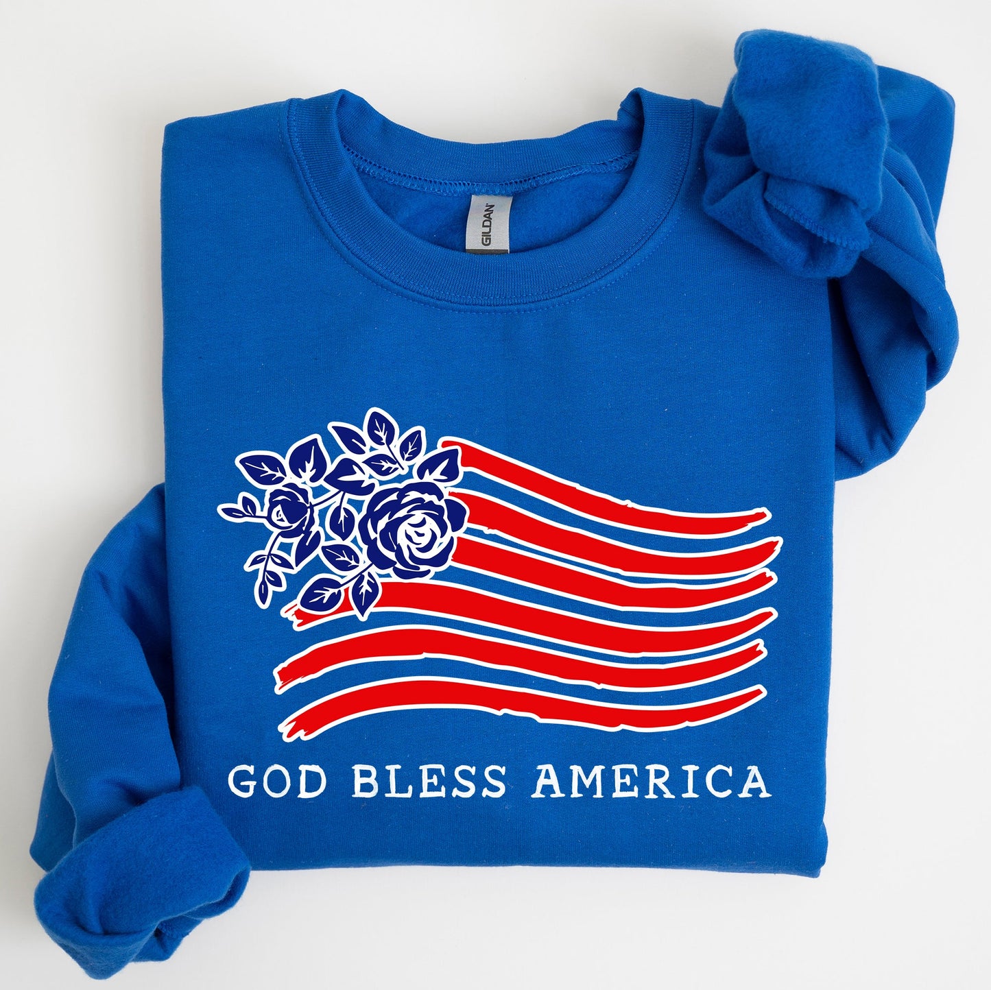 God Bless America, Flower Flag, 4th of July Sweatshirt
