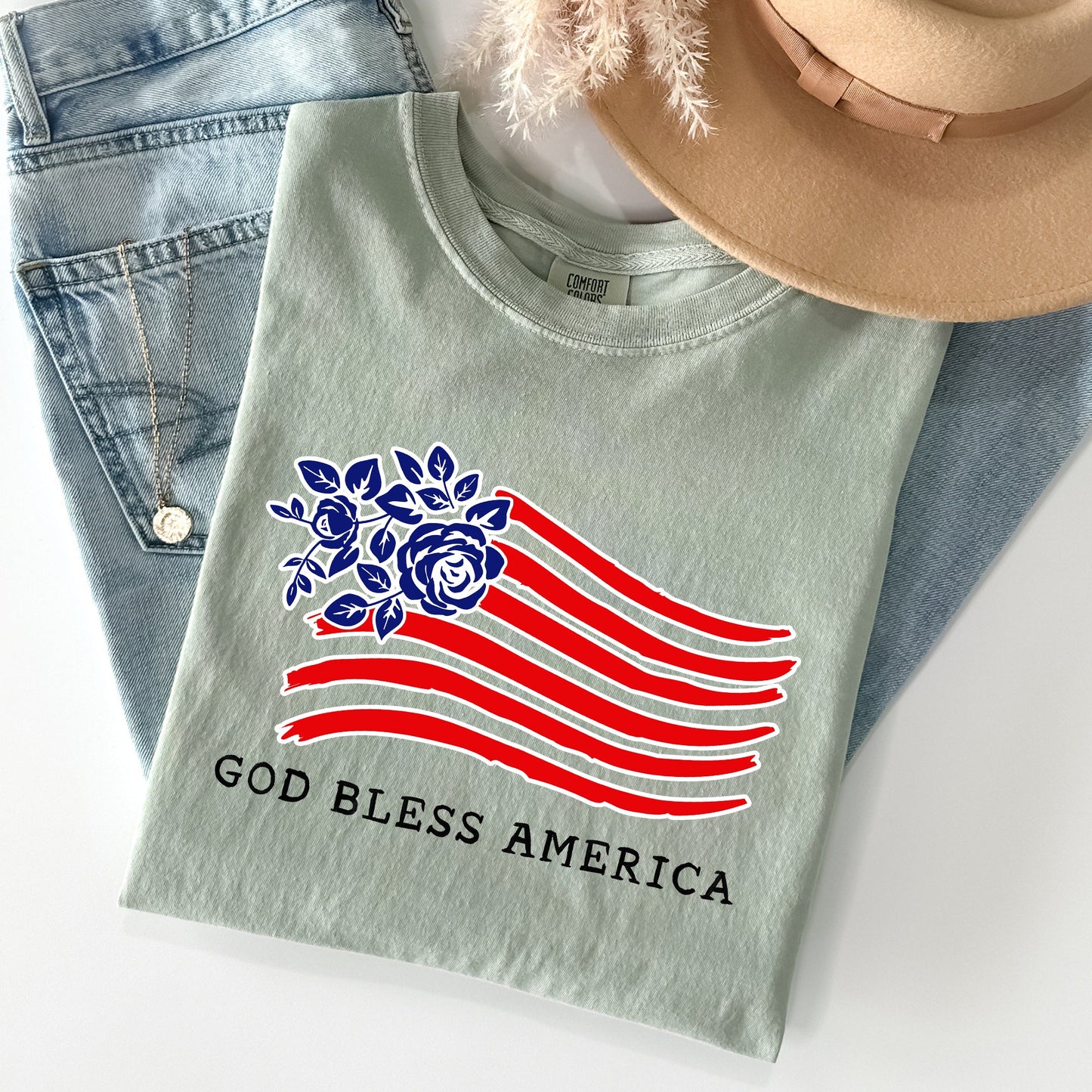 God Bless America, Flower Flag, Patriotic Tshirt Comfort Colors T-Shirt
