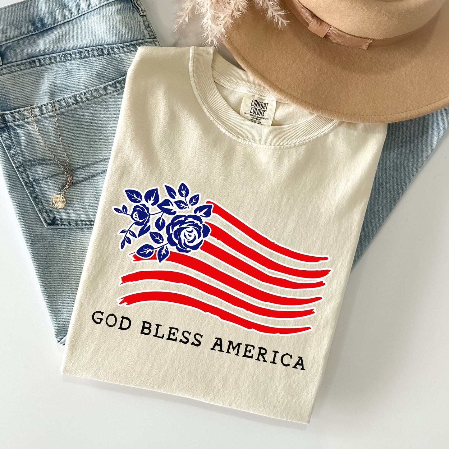 God Bless America, Flower Flag, Patriotic Tshirt Comfort Colors T-Shirt