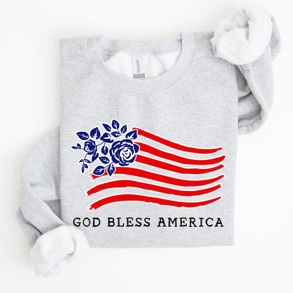 God Bless America, Flower Flag, 4th of July Sweatshirt