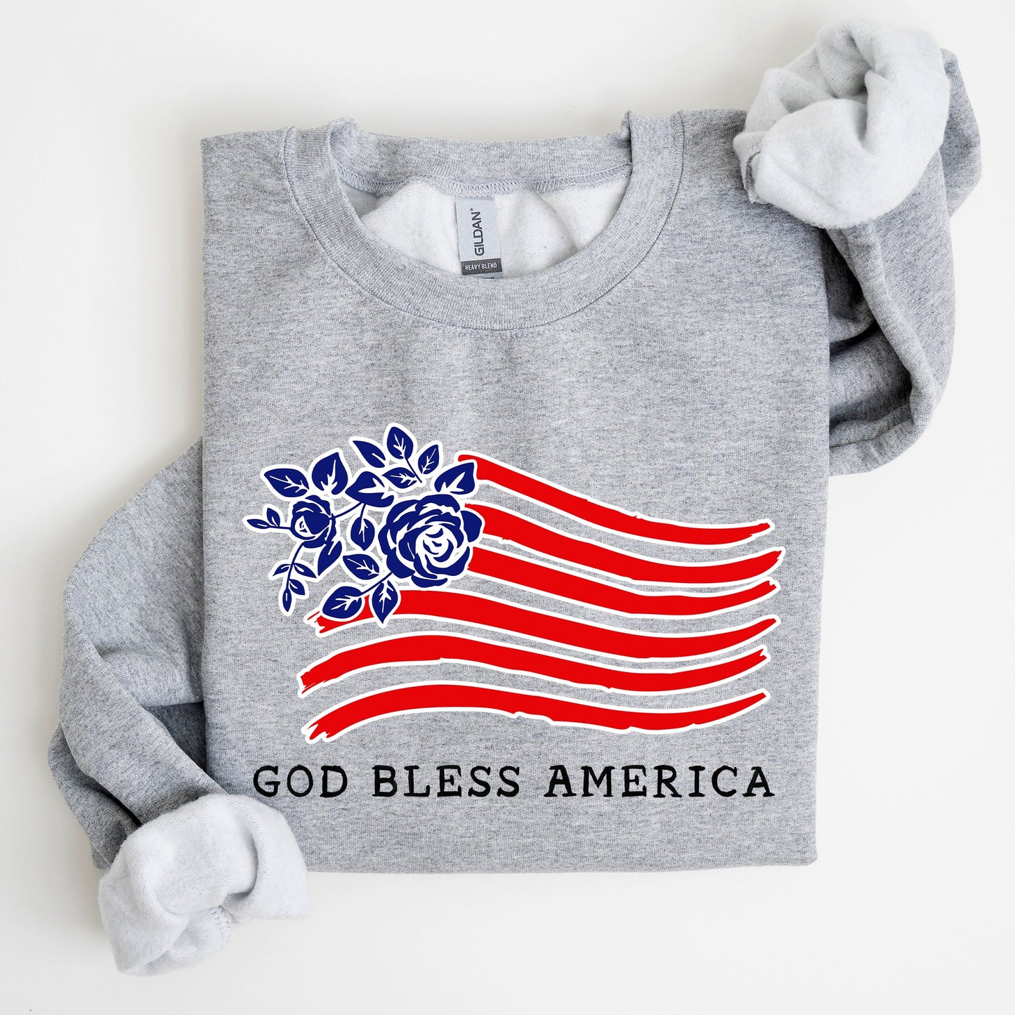 God Bless America, Flower Flag, 4th of July Sweatshirt
