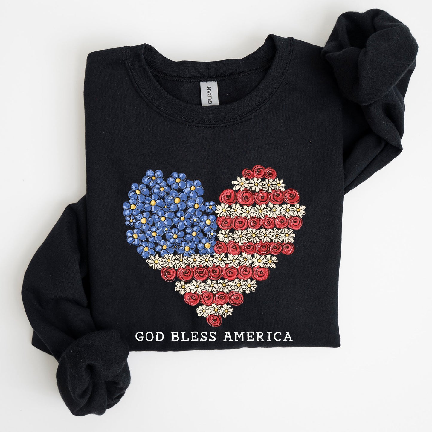 God Bless America, Flowers, Flag Heart, Patriotic Sweatshirt