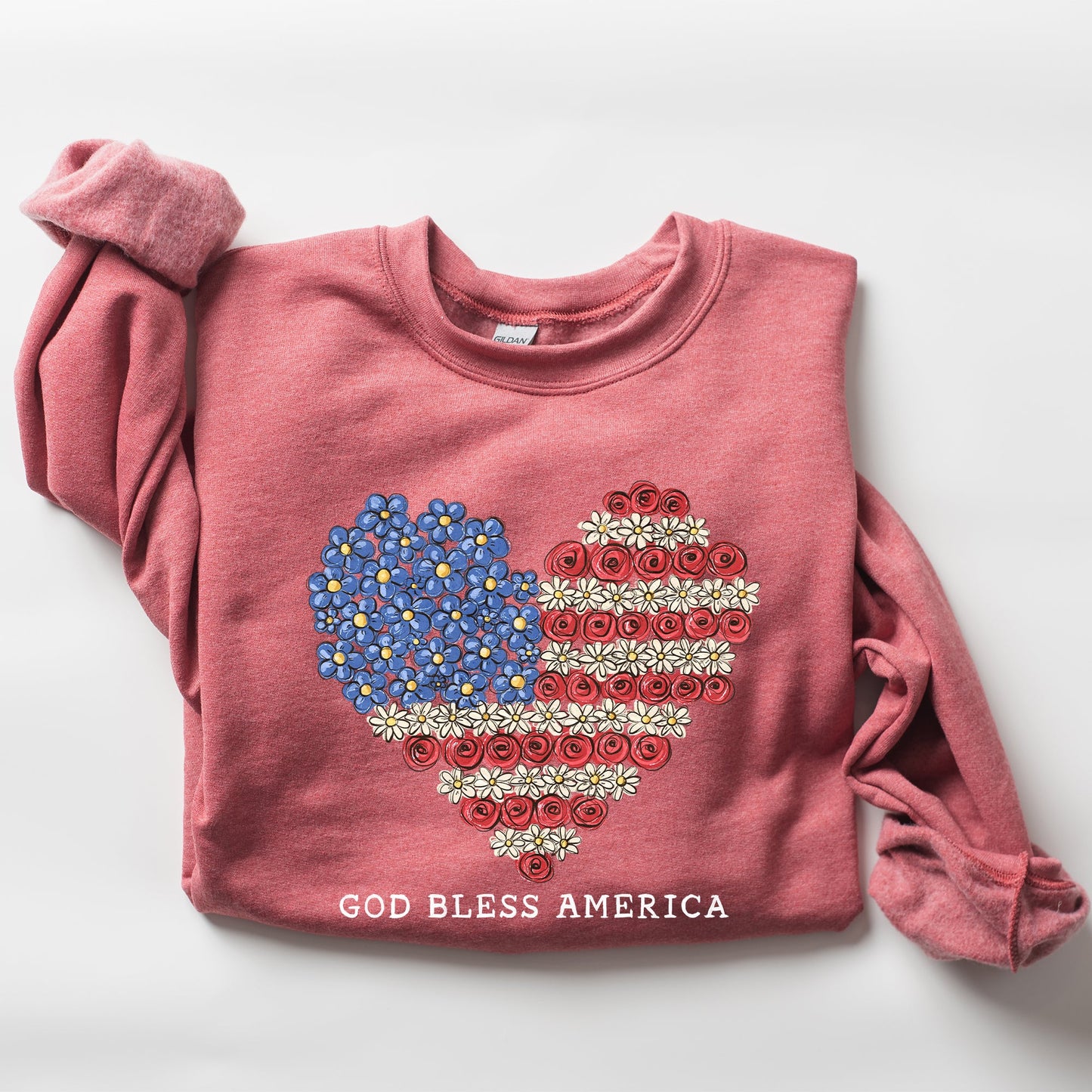 God Bless America, Flowers, Flag Heart, Patriotic Sweatshirt