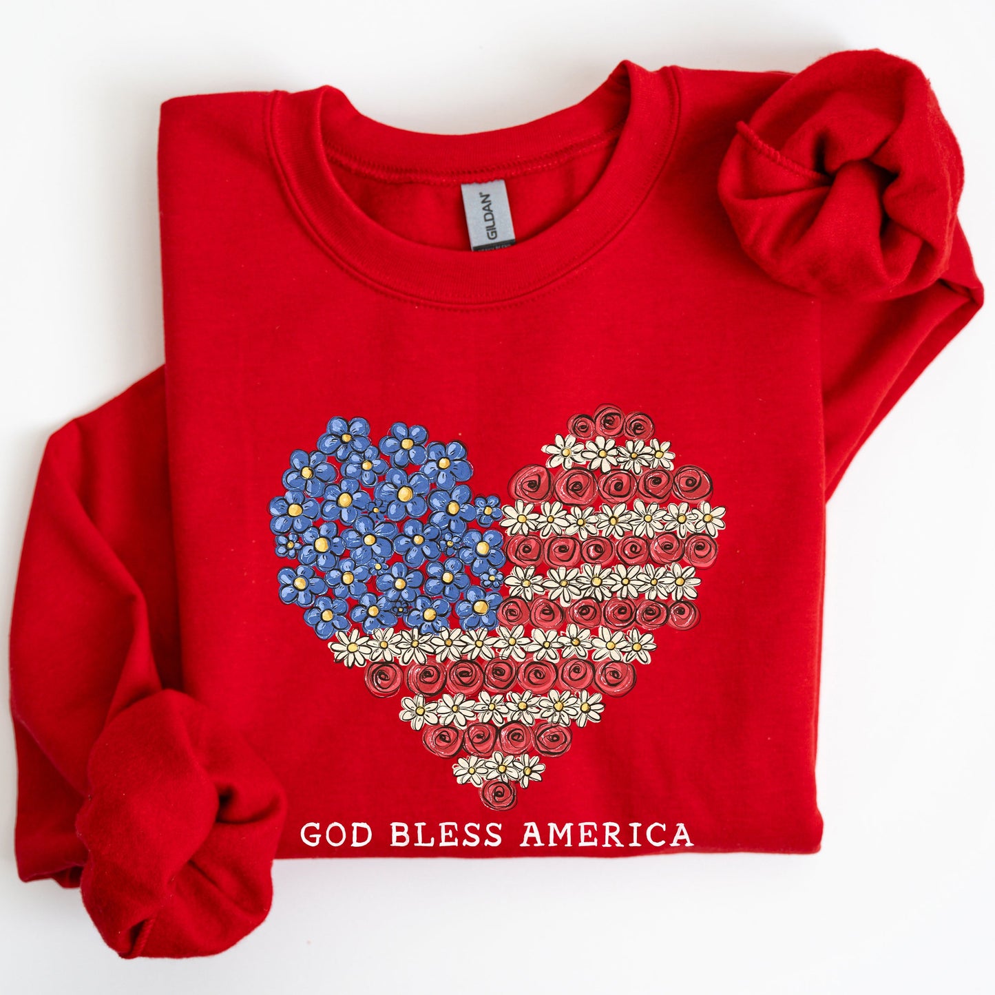 God Bless America, Flowers, Flag Heart, Patriotic Sweatshirt