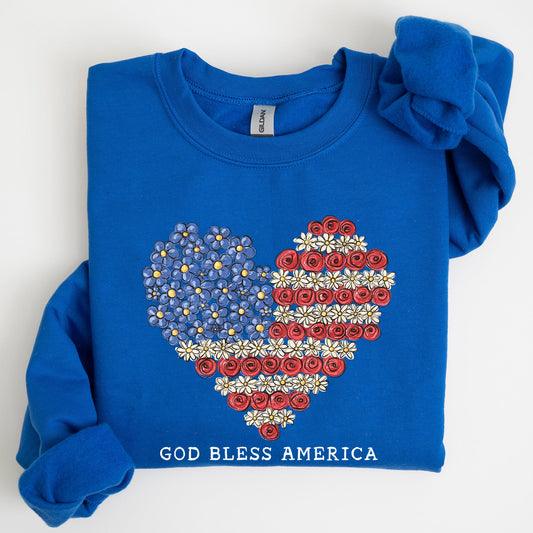 God Bless America, Flowers, Flag Heart, Patriotic Sweatshirt