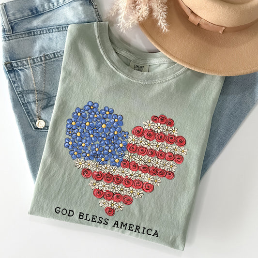 God Bless America, Flowers, Flag Heart, Patriotic Tshirt Comfort Colors T-Shirt