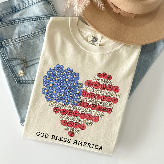 God Bless America, Flowers, Flag Heart, Patriotic Tshirt Comfort Colors T-Shirt