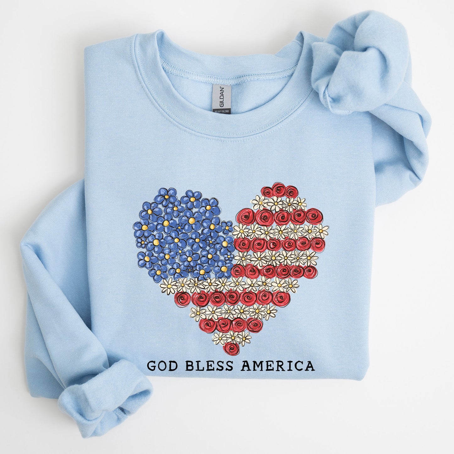 God Bless America, Flowers, Flag Heart, Patriotic Sweatshirt