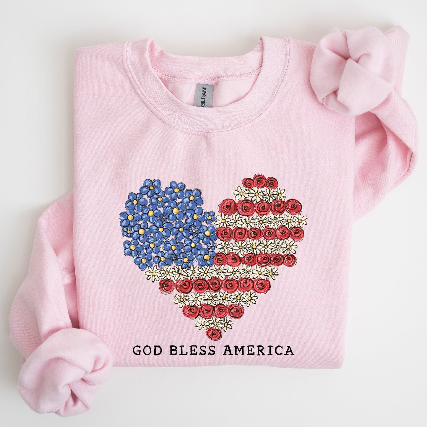 God Bless America, Flowers, Flag Heart, Patriotic Sweatshirt
