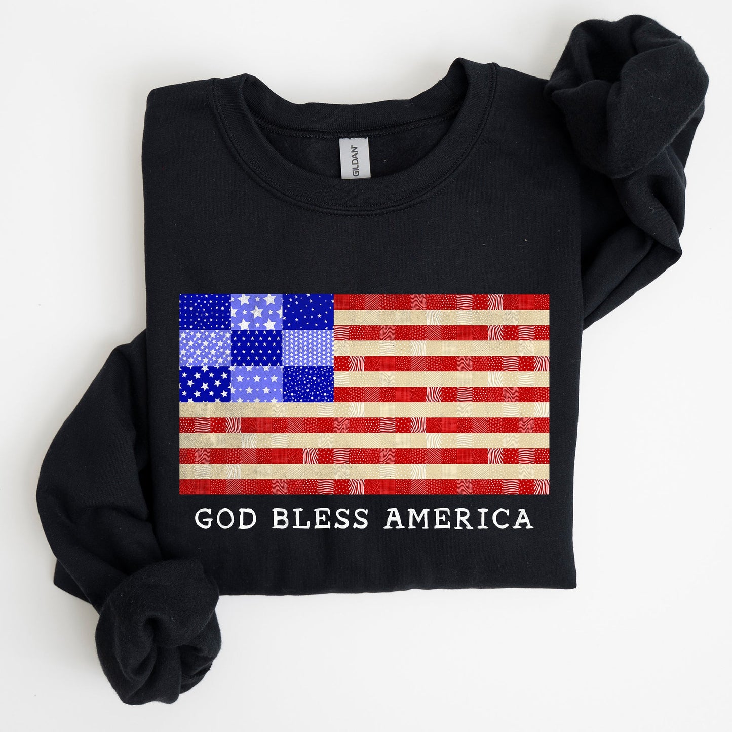 God Bless America, Quilt, Flag, 4th of July Sweatshirt