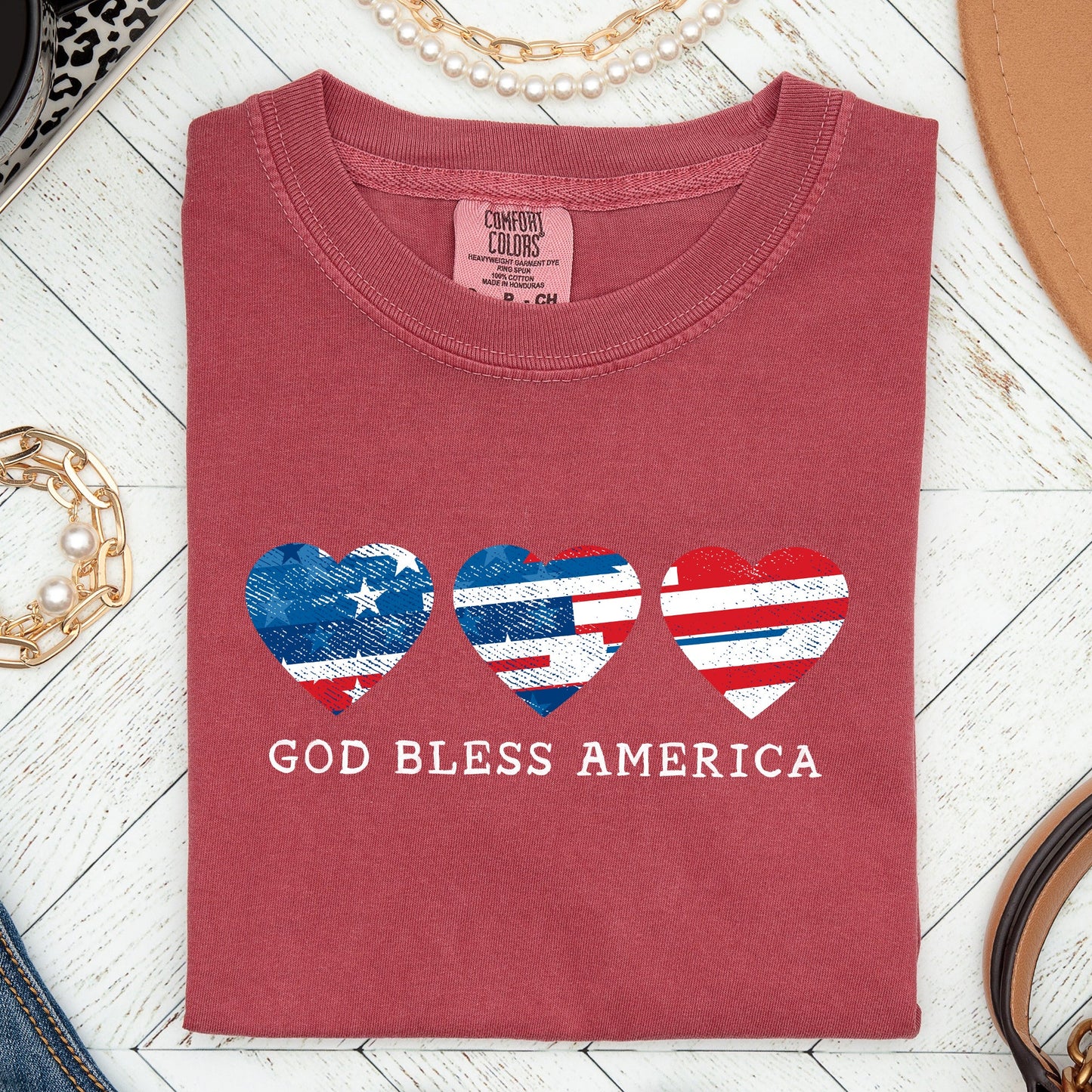 God Bless America, Retro Hearts, Patriotic Tshirt Comfort Colors T-Shirt