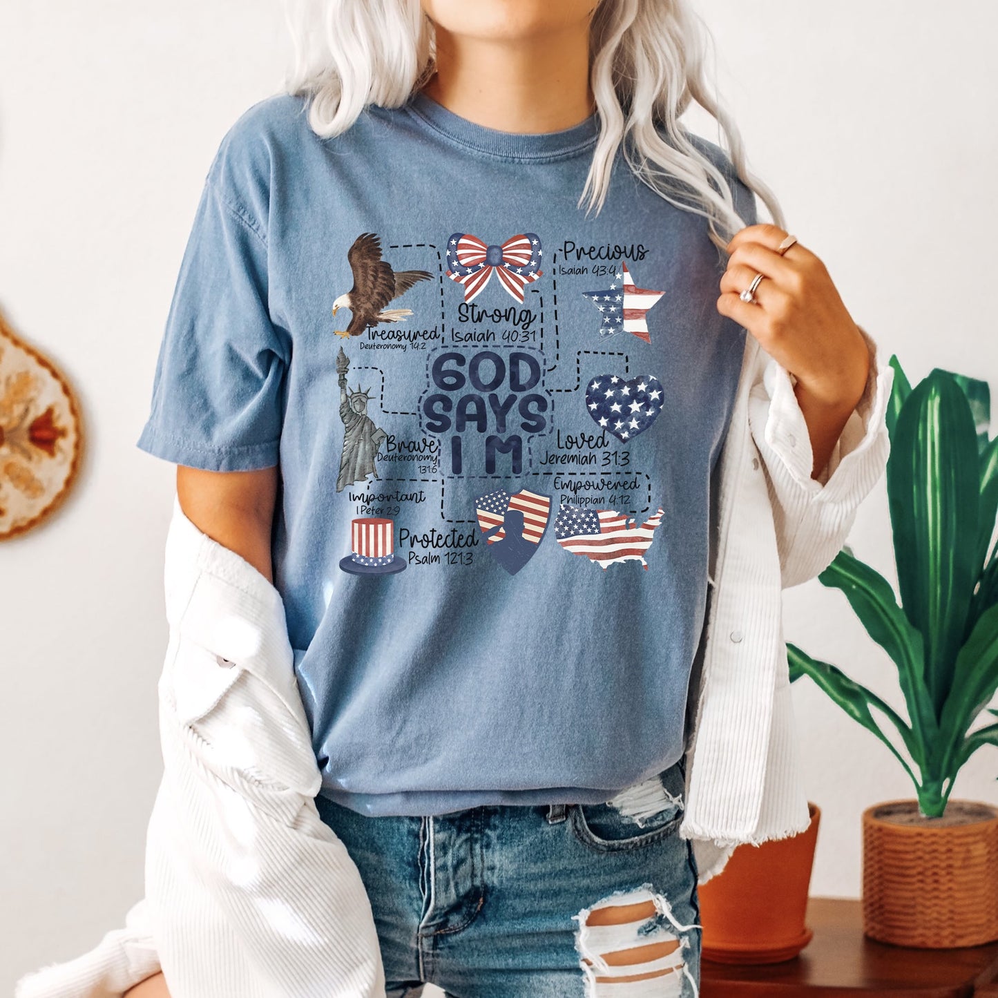 God Says I Am, Patriotic, Protected, Strong, Powerful, Brave, Comfort Colors Tshirt