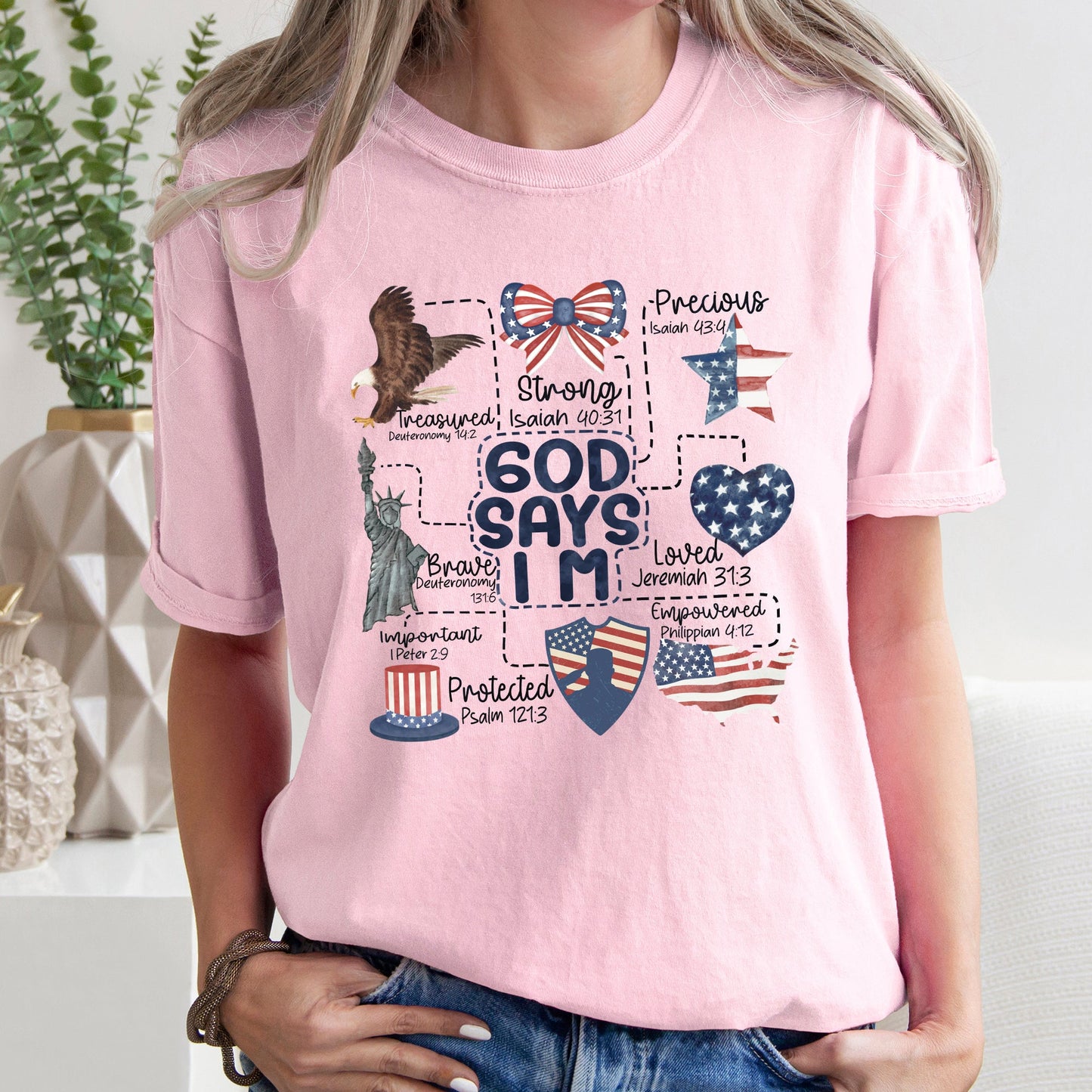 God Says I Am, Patriotic, Protected, Strong, Powerful, Brave, Comfort Colors Tshirt
