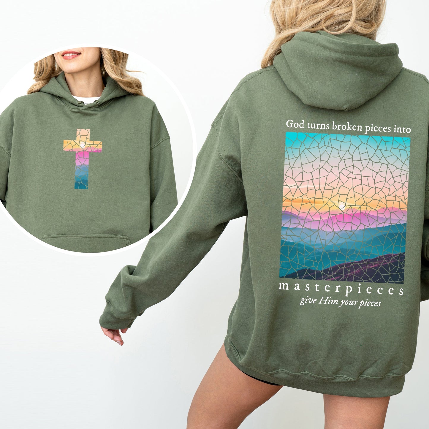 God Turns Broken Pieces Into Masterpieces, Give Him Your Pieces, Front and Back, Religious, Gospel, Faith, Jesus, Christian Hoodie, Hooded Sweatshirt