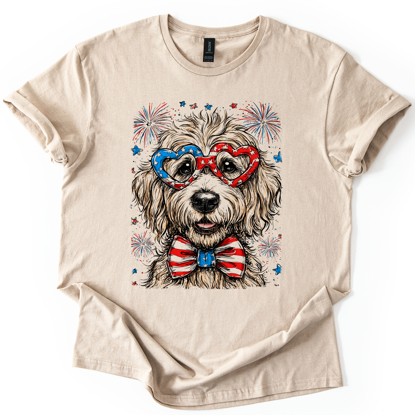 Golden Doodle Patriotic Dog, USA, America, Pet Lover, 4th of July, Soft Style T-Shirt