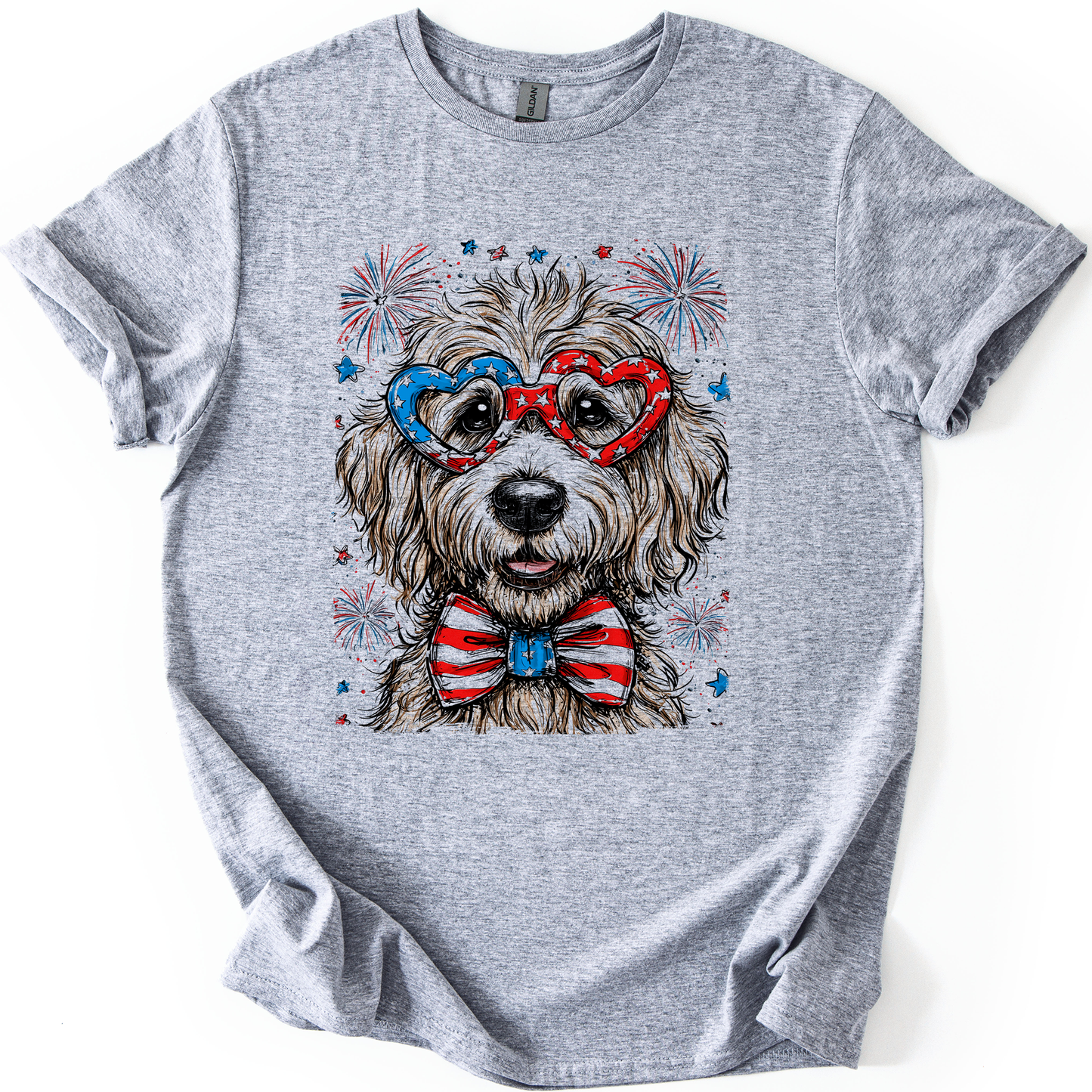 Golden Doodle Patriotic Dog, USA, America, Pet Lover, 4th of July, Soft Style T-Shirt