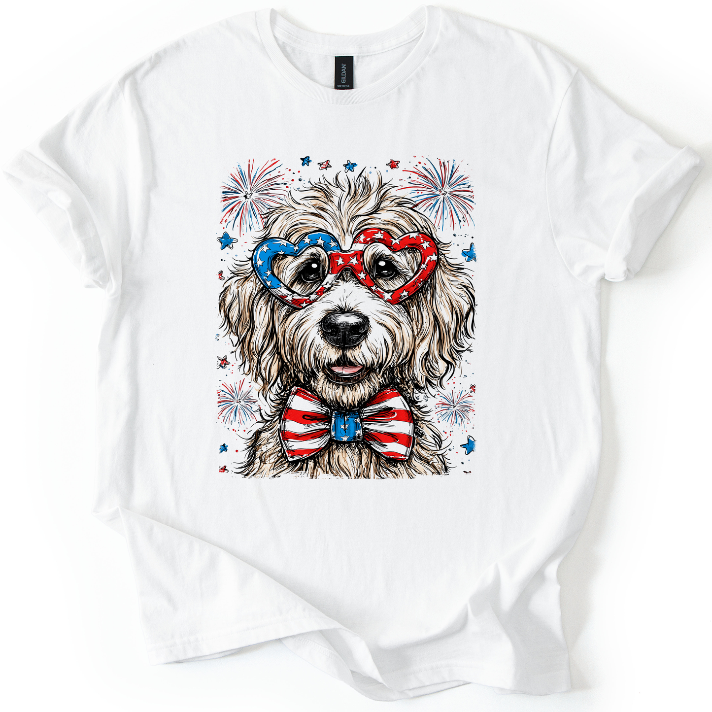 Golden Doodle Patriotic Dog, USA, America, Pet Lover, 4th of July, Soft Style T-Shirt