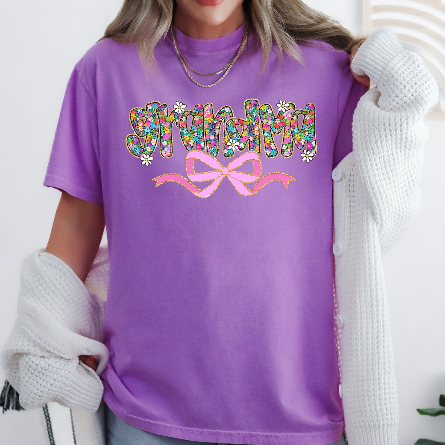 Grandma, Mother's Day, Ribbon, Bow, Floral, Flowers, Bright, Colorful, Pastels Tshirt Comfort Colors T-Shirt