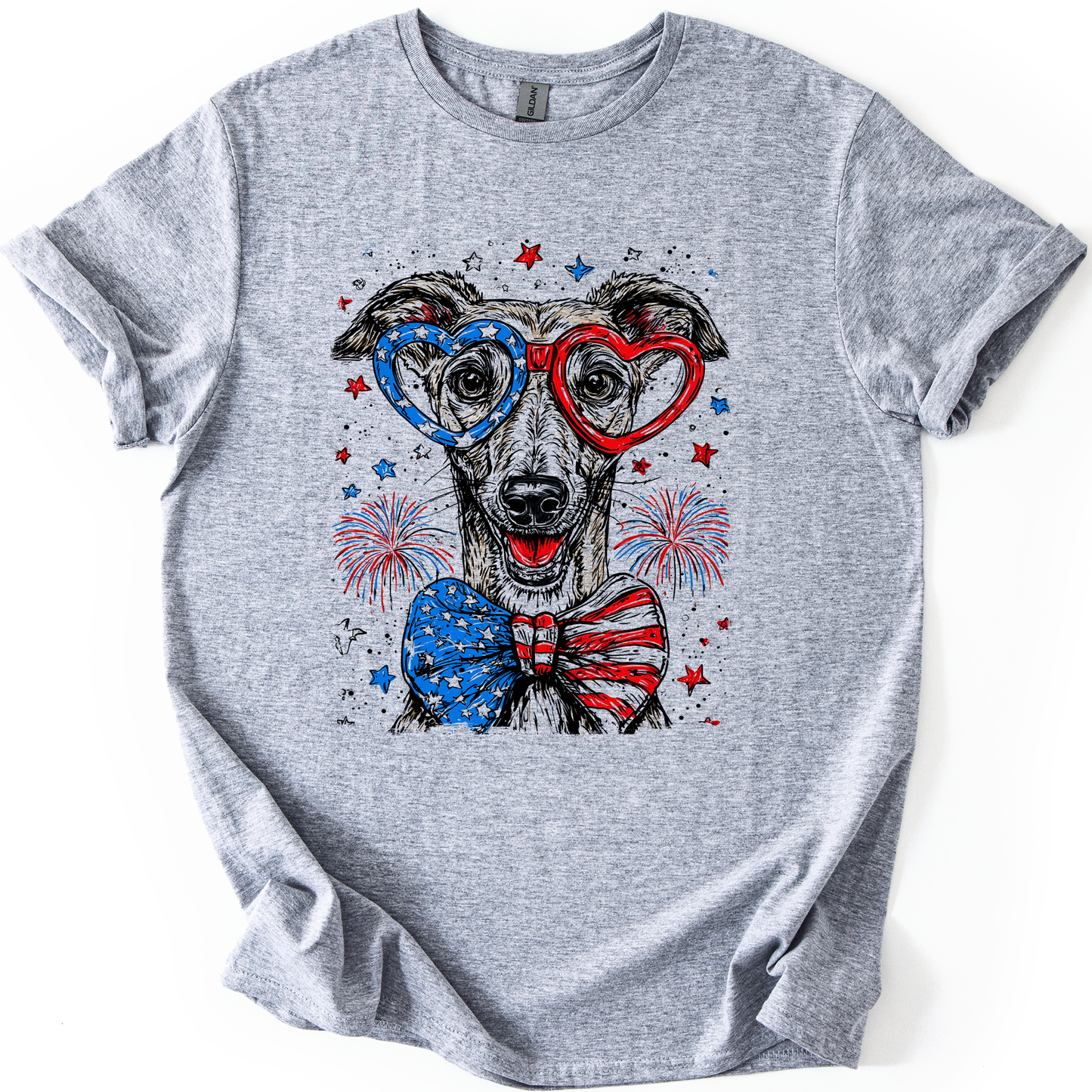 Greyhound Patriotic Dog, USA, America, Pet Lover, 4th of July, Soft Style T-Shirt