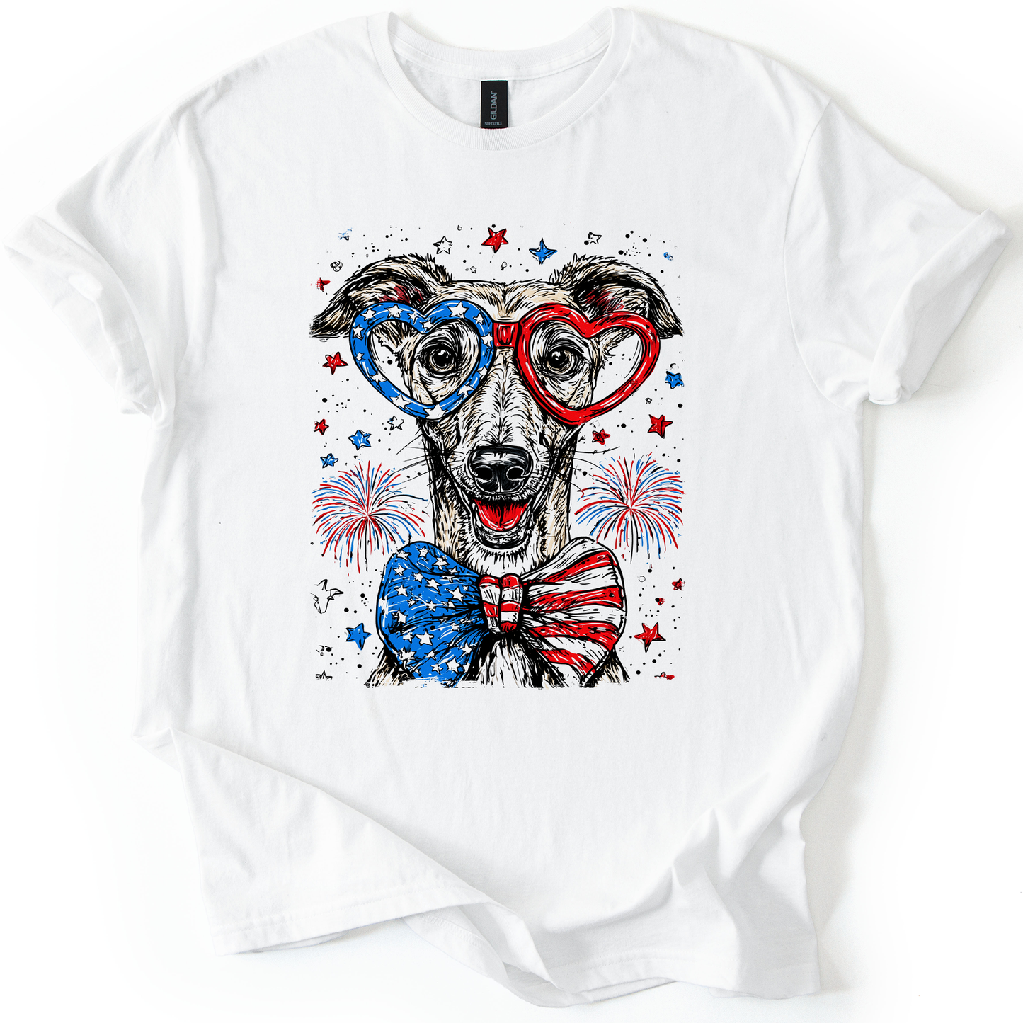 Greyhound Patriotic Dog, USA, America, Pet Lover, 4th of July, Soft Style T-Shirt