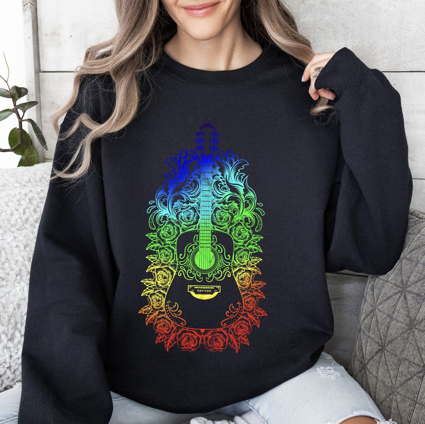 Guitar With Roses, Colorful Sweatshirt