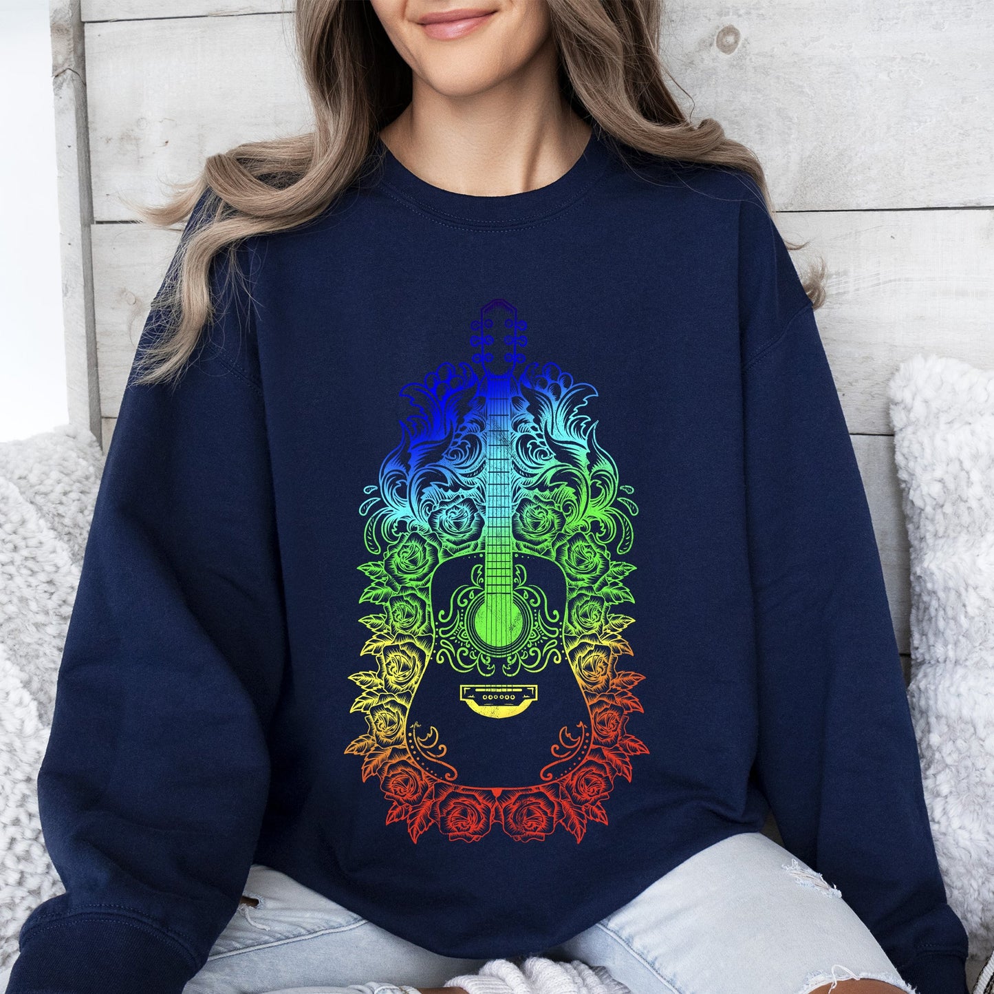 Guitar With Roses, Colorful Sweatshirt