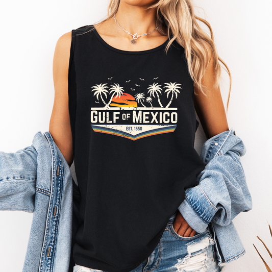 Gulf of Mexico, Retro, Est 1550, Palm Tree Sunset Comfort Colors Tank Top