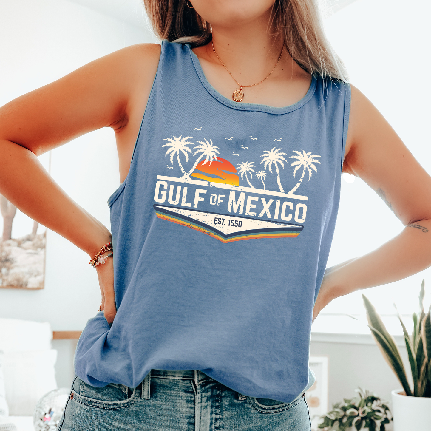 Gulf of Mexico, Retro, Est 1550, Palm Tree Sunset Comfort Colors Tank Top
