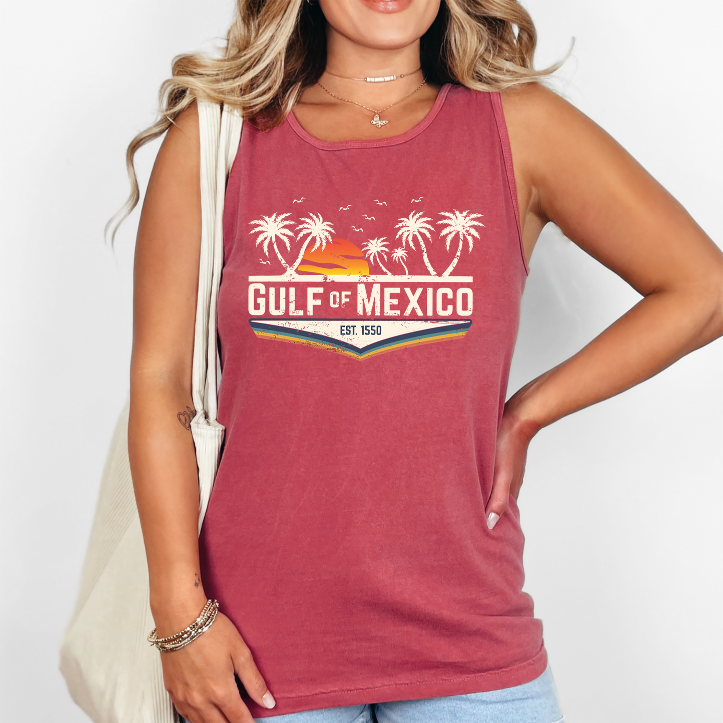 Gulf of Mexico, Retro, Est 1550, Palm Tree Sunset Comfort Colors Tank Top