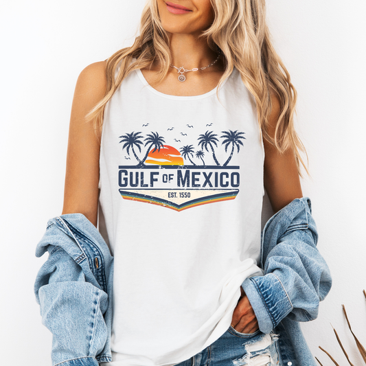 Gulf of Mexico, Retro, Est 1550, Palm Tree Sunset Comfort Colors Tank Top