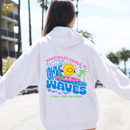 Happiness Comes In Waves, Retro, Beach, Fun, Sun Hoodie