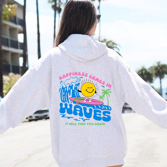 Happiness Comes In Waves, Retro, Beach, Fun, Sun Hoodie