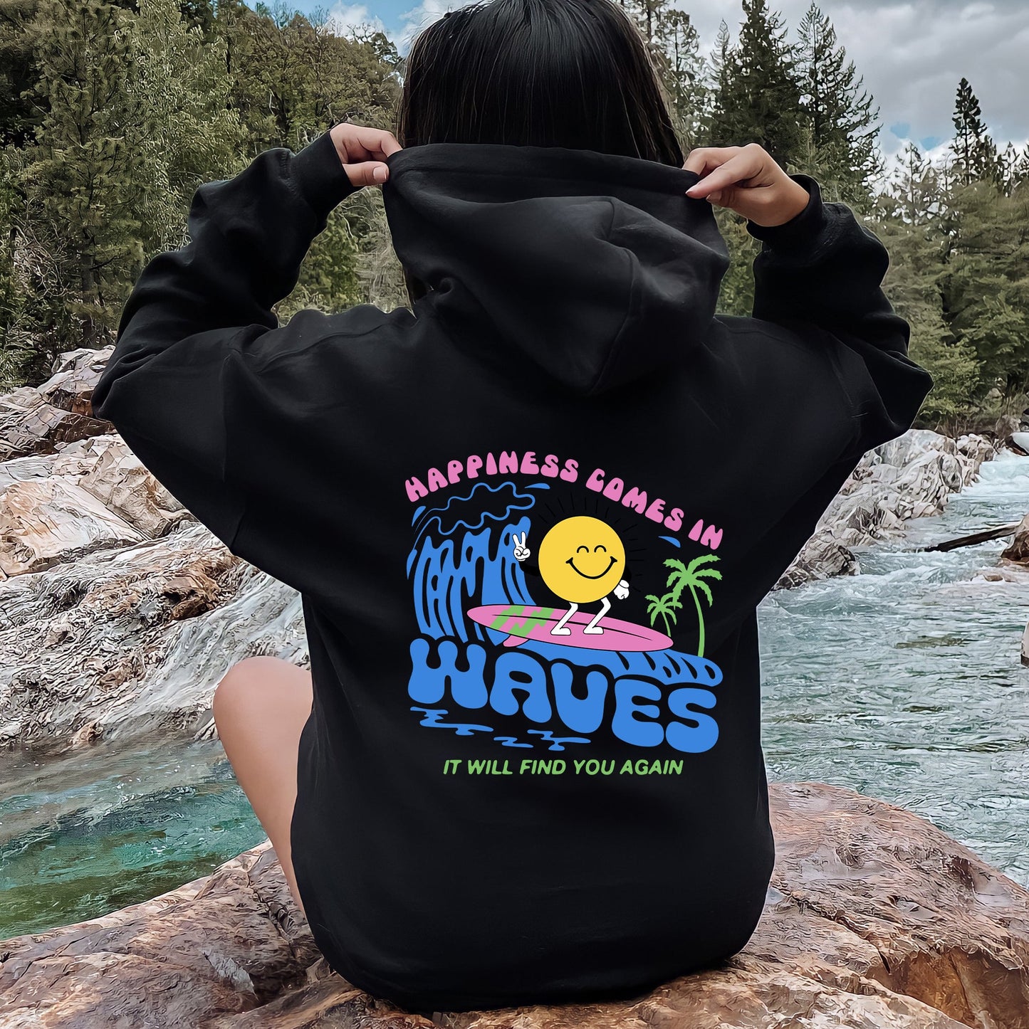 Happiness Comes In Waves, Retro, Beach, Fun, Sun Hoodie