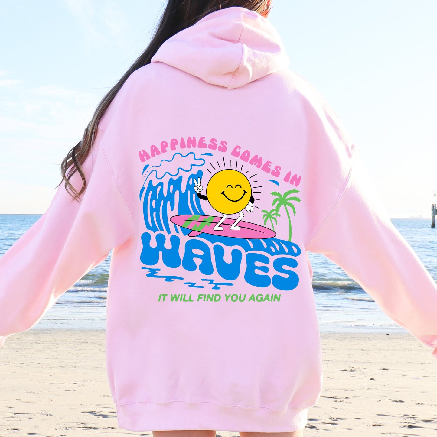 Happiness Comes In Waves, Retro, Beach, Fun, Sun Hoodie