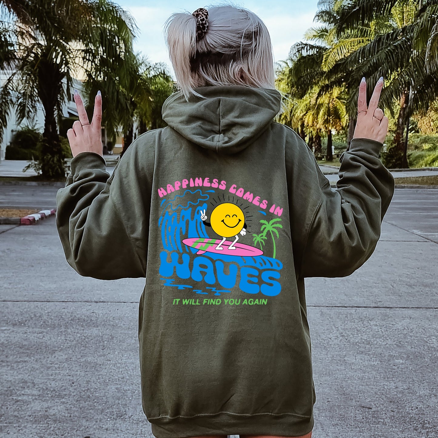 Happiness Comes In Waves, Retro, Beach, Fun, Sun Hoodie