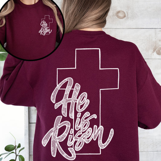 He Is Risen, Faux Lace, Girly, Cross, Coquette, Christian, Jesus, Gospel, Faith, Saved Sweatshirt