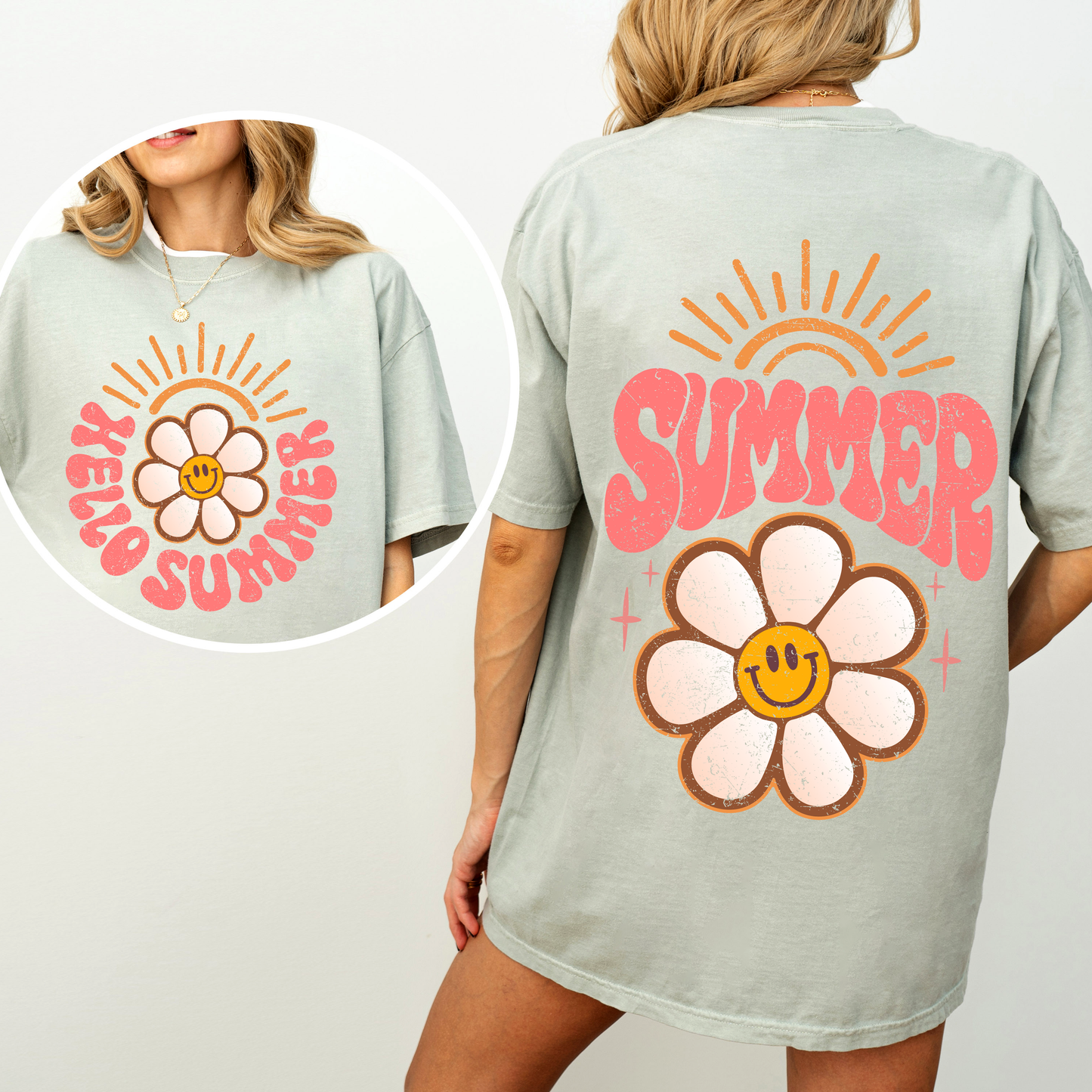 Hello Summer, Smiley Daisy, Beach, Fun, Front and Back, Comfort Colors T-Shirt