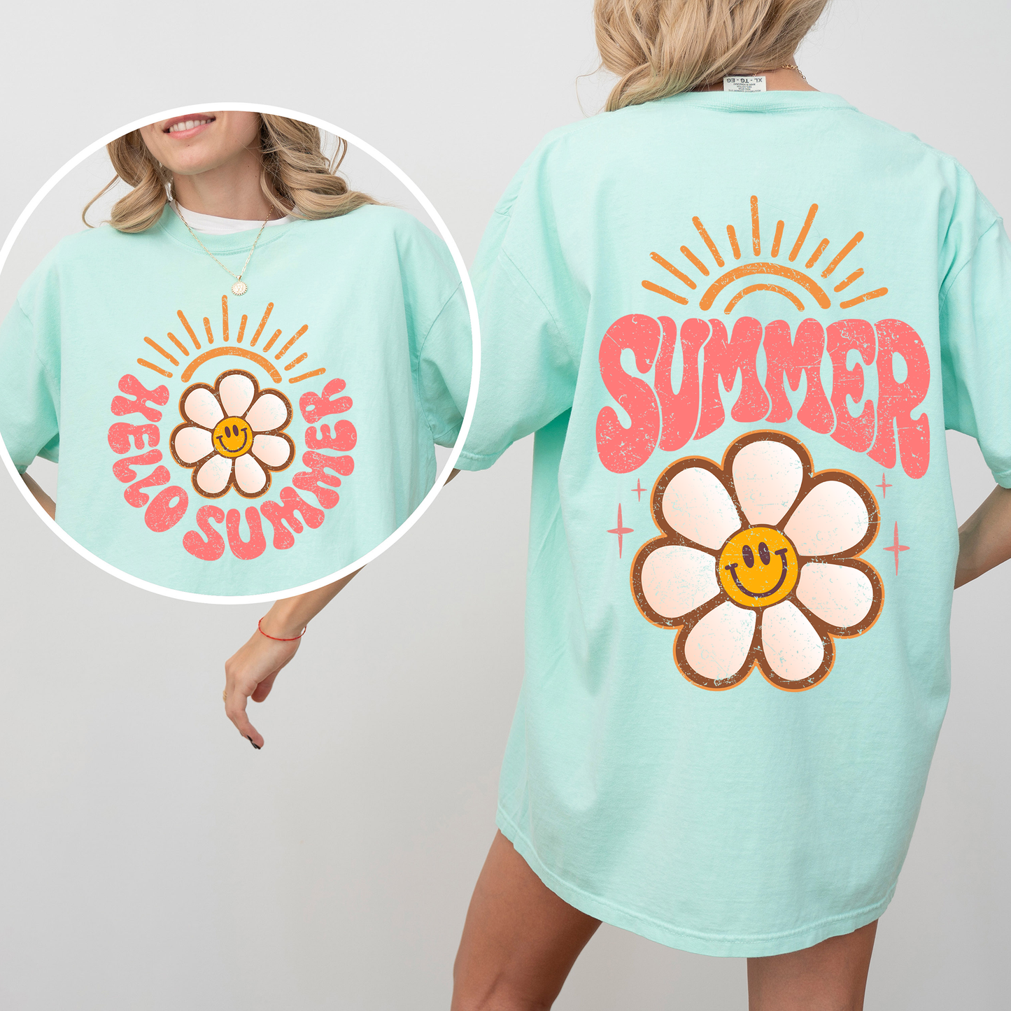 Hello Summer, Smiley Daisy, Beach, Fun, Front and Back, Comfort Colors T-Shirt