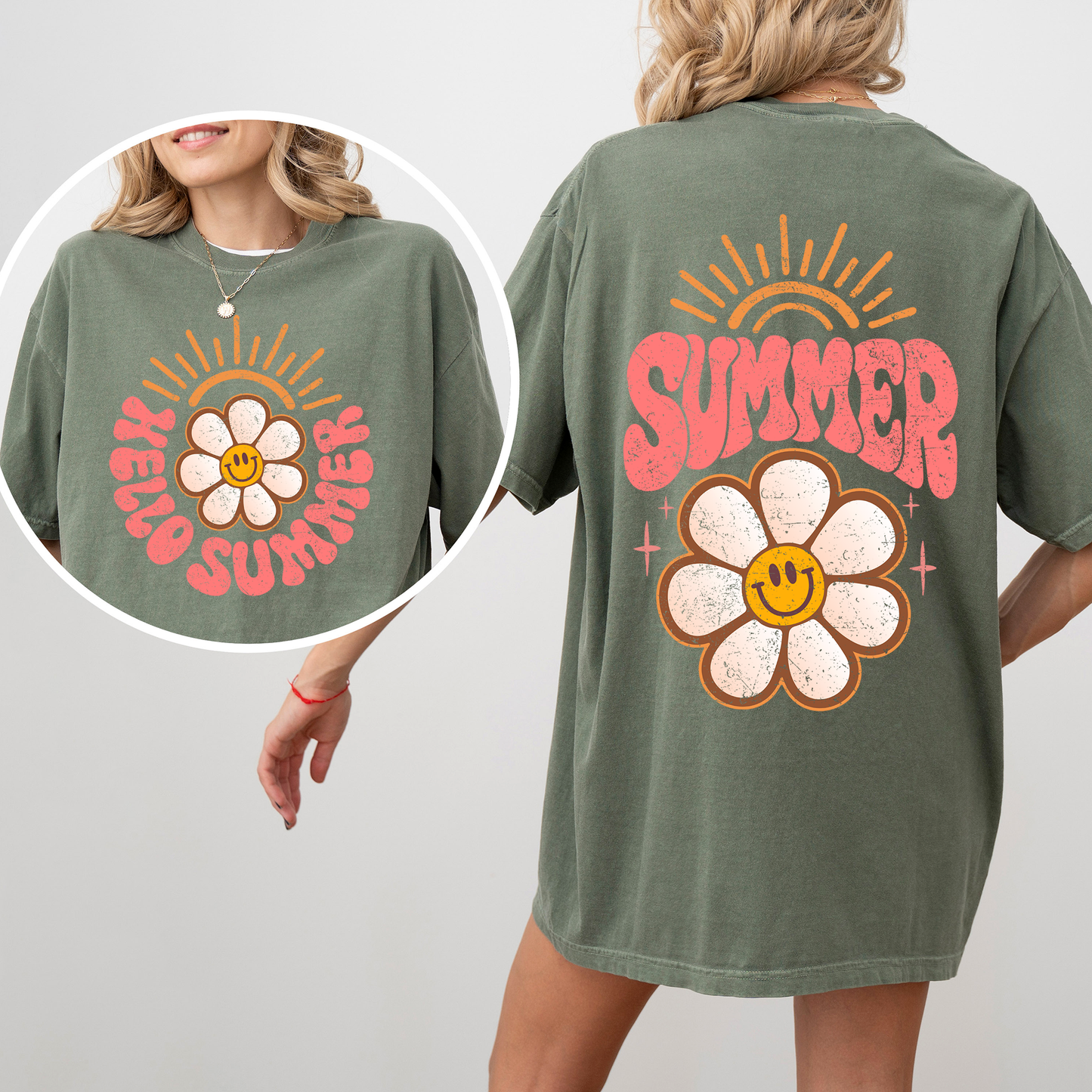 Hello Summer, Smiley Daisy, Beach, Fun, Front and Back, Comfort Colors T-Shirt