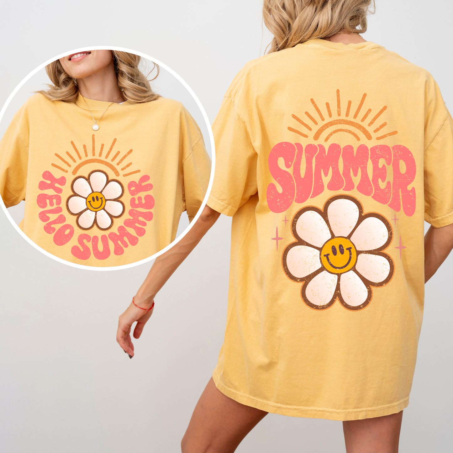 Hello Summer, Smiley Daisy, Beach, Fun, Front and Back, Comfort Colors T-Shirt