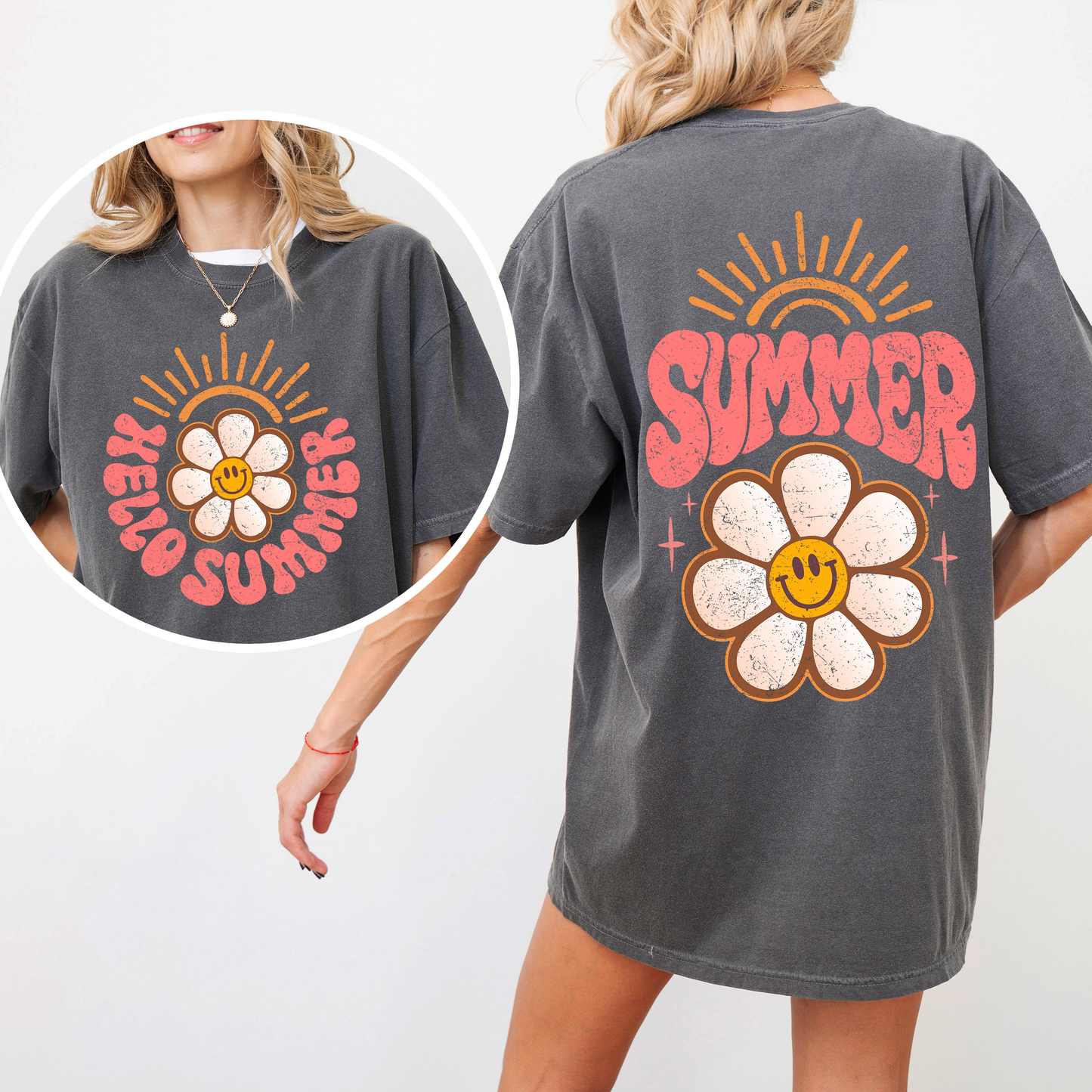 Hello Summer, Smiley Daisy, Beach, Fun, Front and Back, Comfort Colors T-Shirt