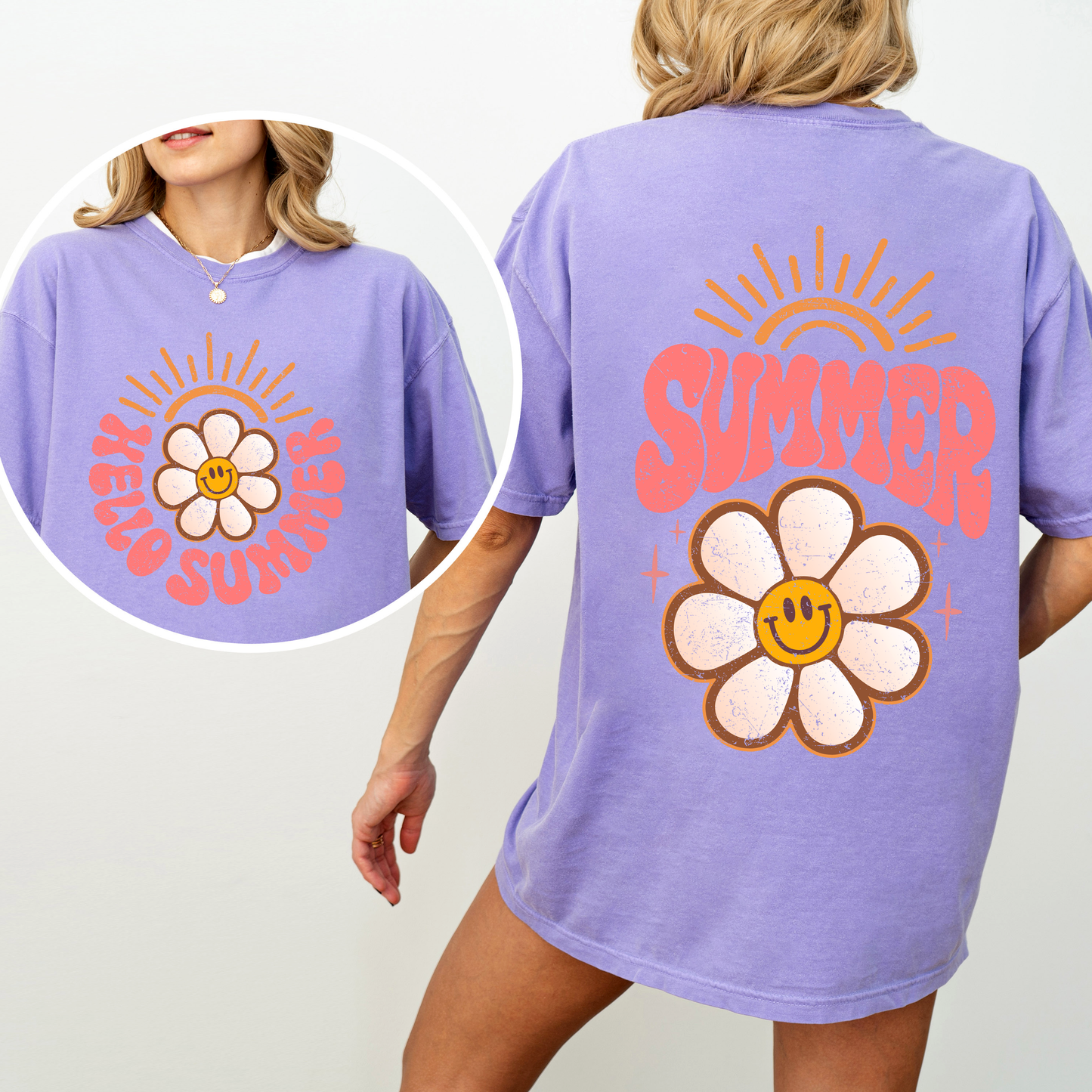 Hello Summer, Smiley Daisy, Beach, Fun, Front and Back, Comfort Colors T-Shirt